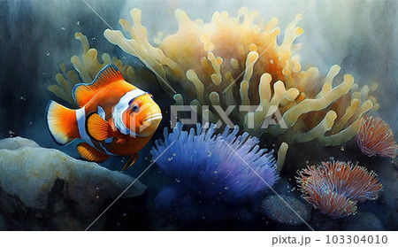 クマノミ：珊瑚礁を泳いでいるクマノミの水彩画