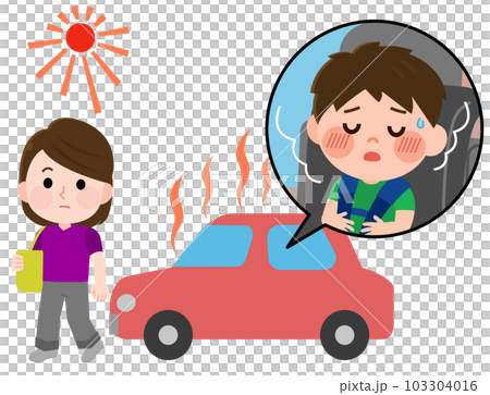 一個女人被留在車裡,一個有中暑症狀的男孩,插圖 一個女人被留在車裡,一個有中暑症狀的男孩,插圖 103304016