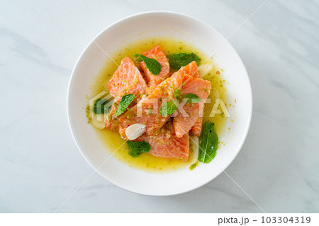 fresh salmon raw spicy seafood salad fresh salmon raw spicy seafood salad 103304319