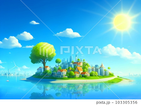 自然あふれるサステナブルな街並みと海と太陽(AI画像) 自然あふれるサステナブルな街並みと海と太陽(AI画像) 103305356
