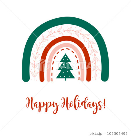 Christmas rainbow with tree. Winter element in boho style. Vector fun childish illustration for posters, stickers, textile, logo, greeting cards Christmas rainbow with tree. Winter element in boho style. Vector fun childish illustration for posters, stickers, textile, logo, greeting cards 103305493