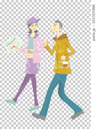 Smiling senior men and women who enjoy walking and walking around town 103305966