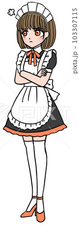 怒って腕組みをするオレンジの胸のリボンをつけた茶髪メイド 103307115