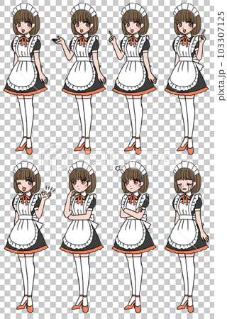 棕色頭髮的女僕,胸前繫著橙色的緞帶,有 8 個不同的表情。 棕色頭髮的女僕,胸前繫著橙色的緞帶,有 8 個不同的表情。 103307125