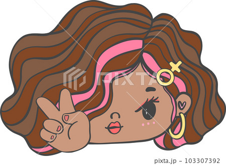 Cute girl happy face with two finger victory gesture cartoon character hand drawing doodle outline Cute girl happy face with two finger victory gesture cartoon character hand drawing doodle outline 103307392