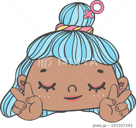 Cute girl happy face with two finger victory gesture cartoon character hand drawing doodle outline Cute girl happy face with two finger victory gesture cartoon character hand drawing doodle outline 103307393