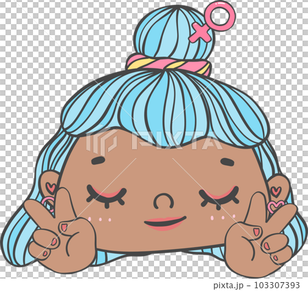 Cute girl happy face with two finger victory gesture cartoon character hand drawing doodle outline Cute girl happy face with two finger victory gesture cartoon character hand drawing doodle outline 103307393