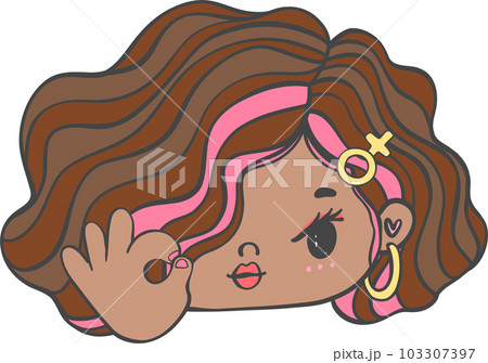 Cute girl happy face with two finger victory gesture cartoon character hand drawing doodle outline 103307397