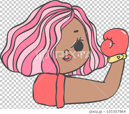 Cute girl strong face with boxing glove cartoon character hand drawing doodle outline 103307964
