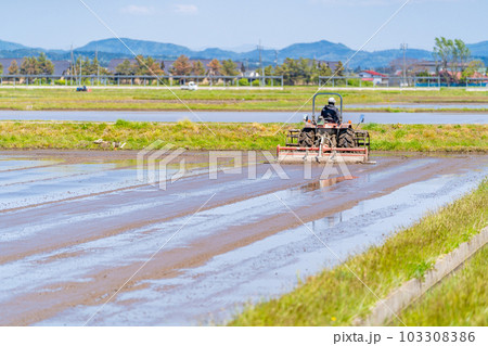 田植え　代掻き　春　トラクタ 103308386