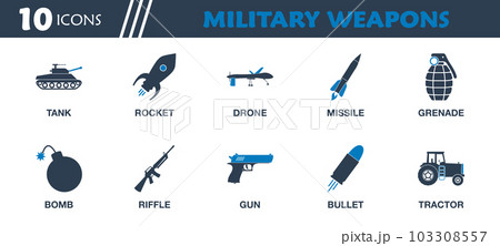 Military Weapon Icon Set. Collection of War Tank, Rocket, Drone, Missile, Grenade, Bomb, Gun, Bullet and More Icons. Editable Flat Vector Illustration. Military Weapon Icon Set. Collection of War Tank, Rocket, Drone, Missile, Grenade, Bomb, Gun, Bullet and More Icons. Editable Flat Vector Illustration. 103308557