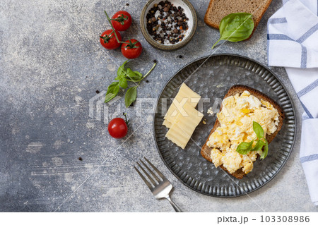 Homemade breakfast or brunch meal - scrambled eggs. Scrambled eggs on whole grain bread on a stone table. View from above. Copy space. 103308986