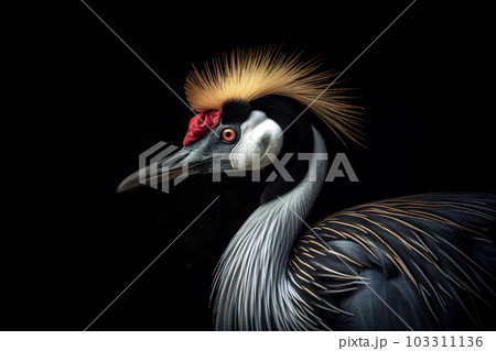 Image of grey crowned crane head. Birds. Wildlife Animals. Illustration. Generative AI. 103311136