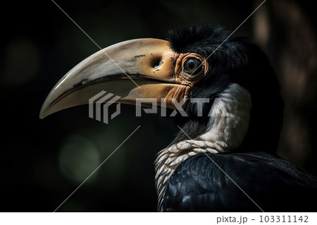 Image of hornbill head in the forest on natural background. Wild Animals. Bird. illustration. Generative AI. 103311142