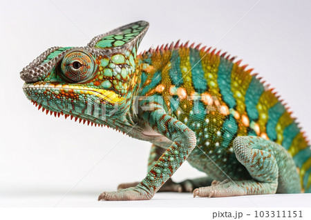 Image of green chameleons on white background. Reptile. Wildlife Animals. Illustration. Generative AI. 103311151