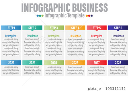 Concept of process with Six 6 successive steps. Six colorful graphic elements. Timeline design for brochure, presentation, web site. Infographic design layout 103311152