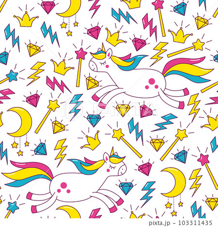 Vector pattern with pony unicorns, magic wand, crown and diamonds. 103311435
