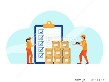warehouse worker checking inventory Concept of inventory control system. Flat vector illustration. 103311638