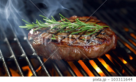 Beef steak sizzling on the grill flame, Generated AI 103311644