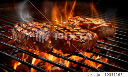 Beef steak sizzling on the grill flame, Generated AI Beef steak sizzling on the grill flame, Generated AI 103311674