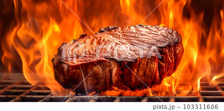 Beef steak sizzling on the grill flame, Generated AI Beef steak sizzling on the grill flame, Generated AI 103311686