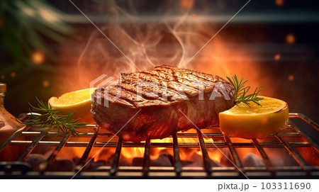 Beef steak sizzling on the grill flame, Generated AI 103311690