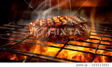 Beef steak sizzling on the grill flame, Generated AI Beef steak sizzling on the grill flame, Generated AI 103311692