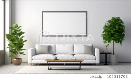 Interior design of a living room with a sofa, a painting and lamps, Generated AI 103311708