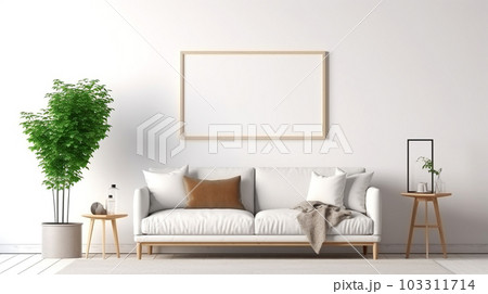 Interior design of a living room with a sofa, a painting and lamps, Generated AI 103311714