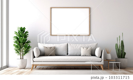 Interior design of a living room with a sofa, a painting and lamps, Generated AI 103311715