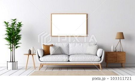 Interior design of a living room with a sofa, a painting and lamps, Generated AI 103311721