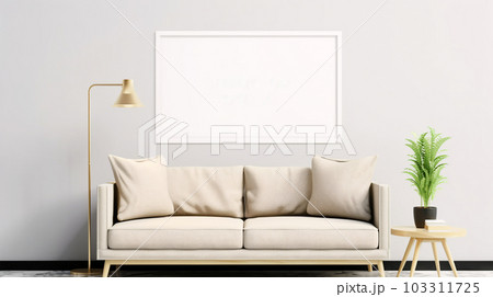 Interior design of a living room with a sofa, a painting and lamps, Generated AI 103311725