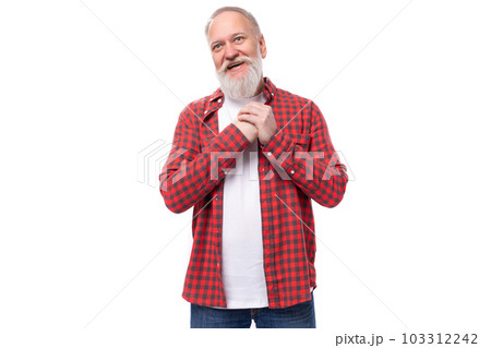 joyful lucky 60s retired man with white beard and mustache in red shirt joyful lucky 60s retired man with white beard and mustache in red shirt 103312242