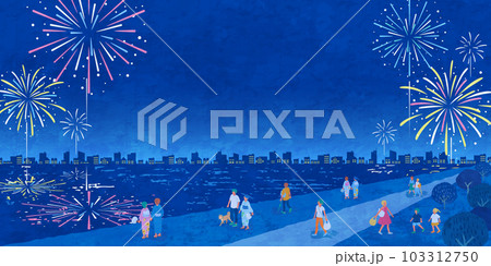 水辺で花火を見る人々の夏祭りのベクターイラスト背景 103312750