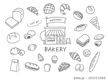 いろんなパンとベーカリーのイラストセット（モノクロ） 103313369