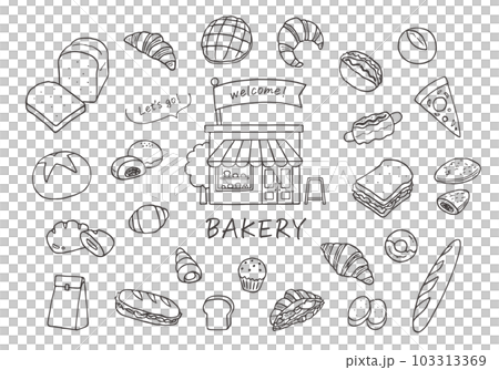 いろんなパンとベーカリーのイラストセット（モノクロ） 103313369
