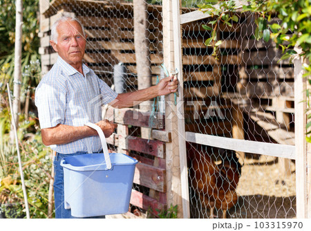 Older man near henhouse 103315970