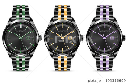 Realistic watch clock chronograph green yellow purple black collection design luxury fashion object for men on white background vector 103316699