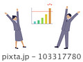万歳をして好成績を喜ぶスーツ姿の男女 103317780