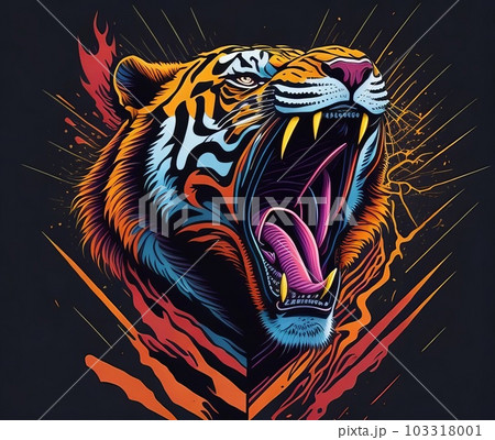 Artwork for t-shirt graphic of a powerful and fierce tiger in mid-roar. Generative AI. 103318001