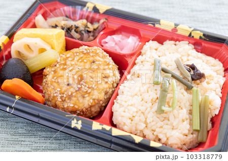 美味しい山菜ご飯と豆腐ハンバーグ弁当 103318779