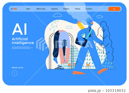 Artificial intelligence illustration. Job -modern flat vector concept illustration -AI going to work instead of human, upset woman stays home. AI metaphor, advantage, superiority and dominance concept Artificial intelligence illustration. Job -modern flat vector concept illustration -AI going to work instead of human, upset woman stays home. AI metaphor, advantage, superiority and dominance concept 103319032