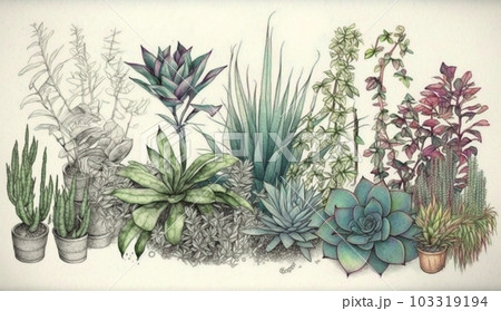 背景や挿絵用の植物の色鉛筆画