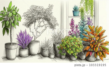 背景や挿絵用の植物の色鉛筆画