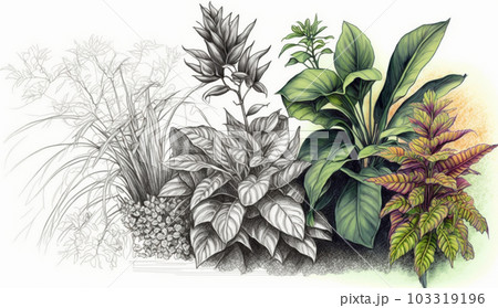 背景や挿絵用の植物の色鉛筆画