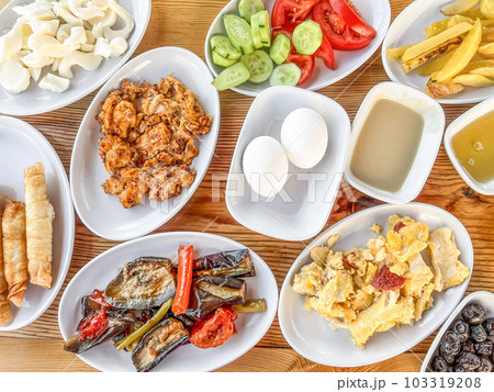 top view delicious traditional spread turkish breakfast table top view delicious traditional spread turkish breakfast table 103319208