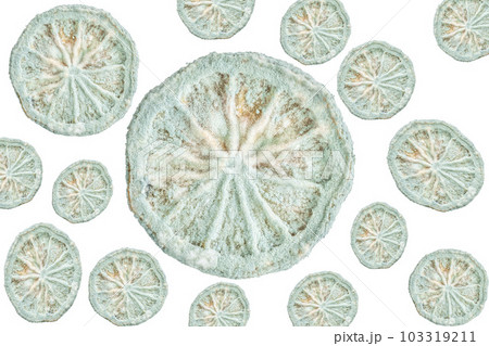 isolated moldy unspoiled section of citrus fruits on white. isolated moldy unspoiled section of citrus fruits on white. 103319211