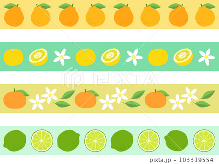 グレープフルーツ、オレンジ、レモンの実と花の飾り罫セット 103319554