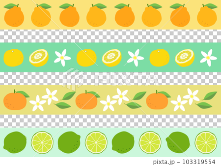 グレープフルーツ、オレンジ、レモンの実と花の飾り罫セット 103319554