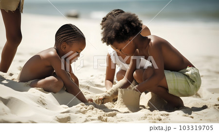 Children making sand castles on the beach, neural network generated art 103319705